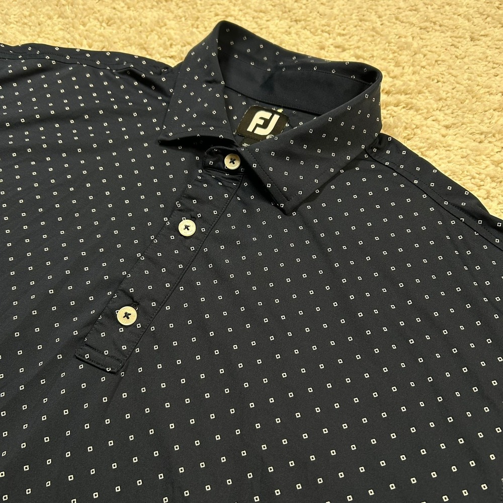 FootJoy Golf Polo 2XL Navy Blue Diamond Print Logo Short Sleeve Performance